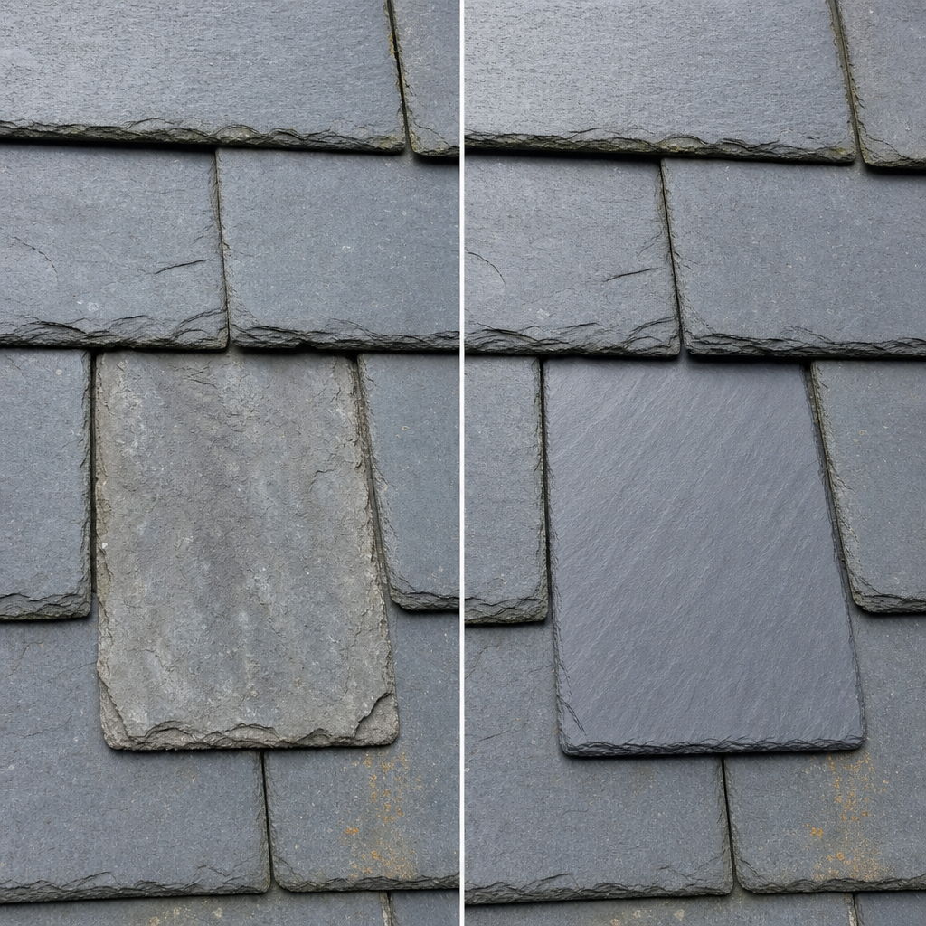 Roofer replacing a damaged slate tile in the array area before installation