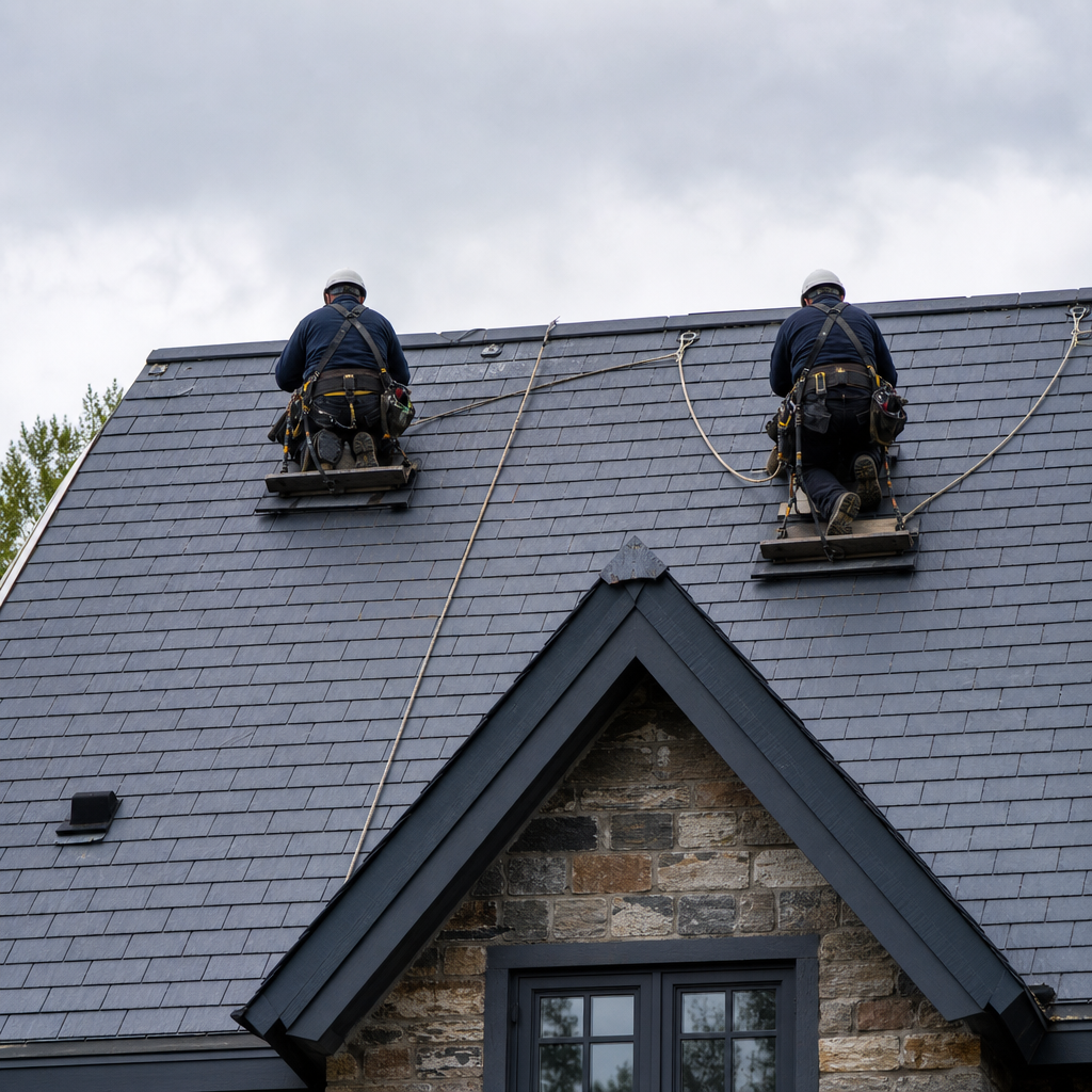 Harnessed solar technicians working carefully on a campus slate roof
