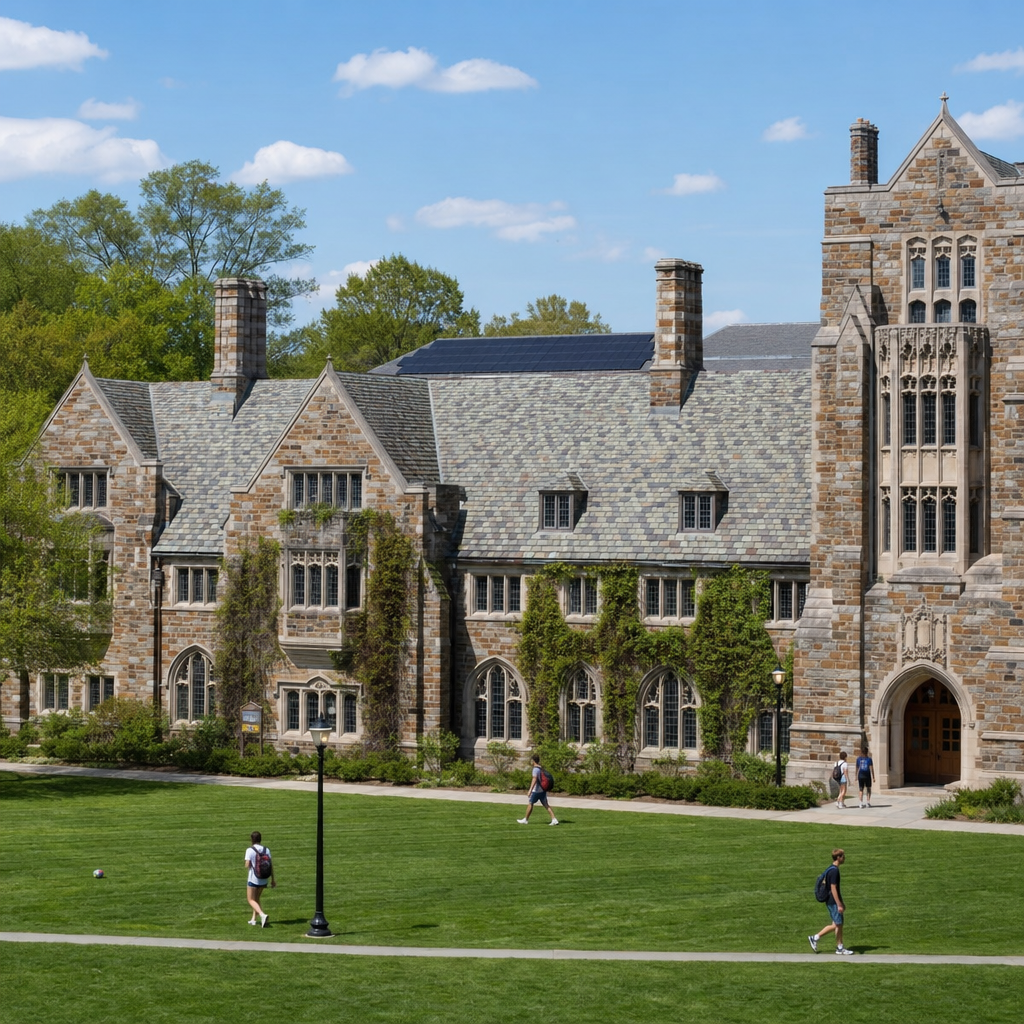 A historic slate-roofed campus building with discreet rooftop solar above a quad