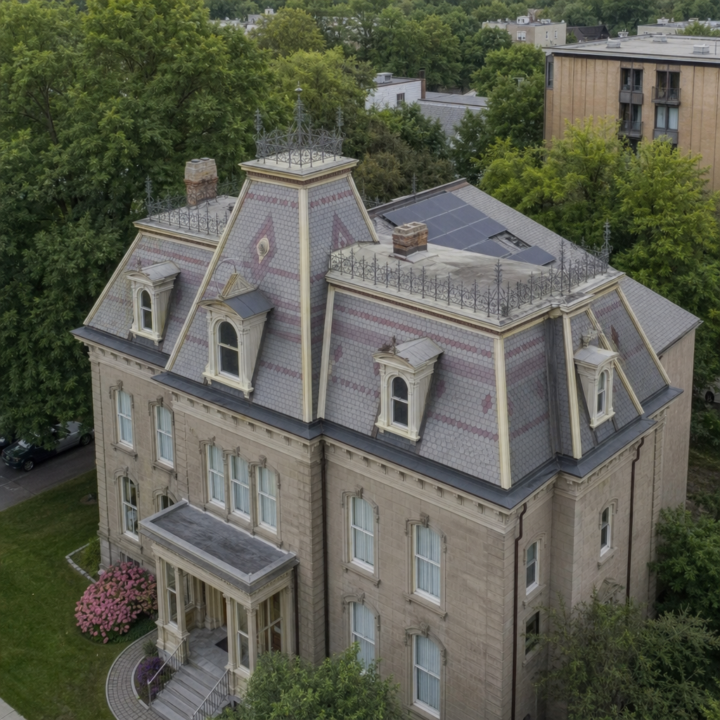 Aerial view of a low-profile solar array on the rear slope of a historic slate roof