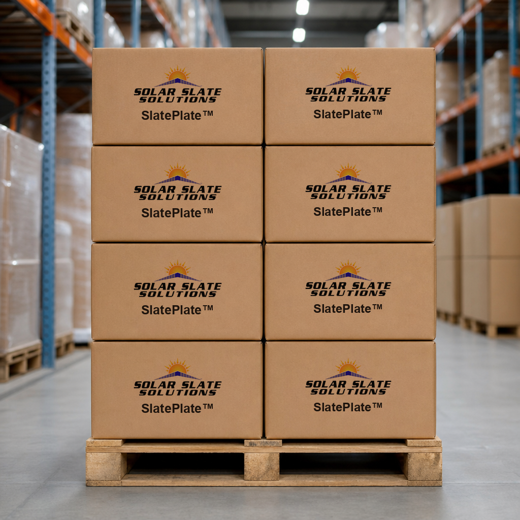 Pallet of branded SlatePlate solar-mount cartons in a warehouse
